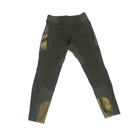 REI Co-op Olive Green Athletic Leggings Gold Accent Panels Size L - Picture 2 of 6